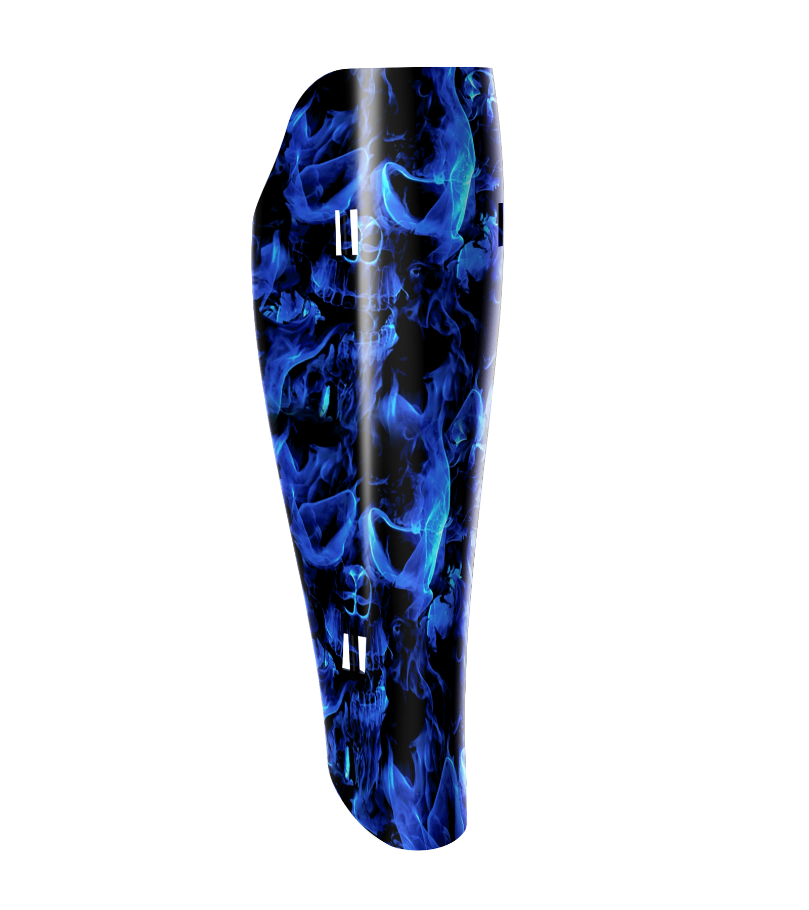 A prosthetic leg cover in a blue skull design